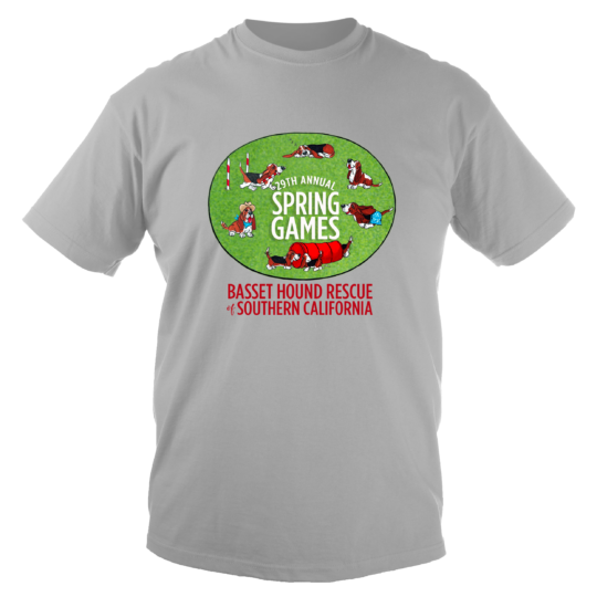 Light gray T-shirt with a green oval “29th Annual Spring Games” graphic showing illustrated basset hounds, and “Basset Hound Rescue of Southern California” printed underneath.