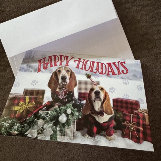 Card with two basset hounds surrounded by presents.