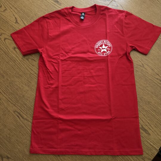 Basset hound red shirt with a circular design on the left chest